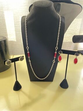 Sterling Silver Long Necklace and Red Stone Drop Earrings Set